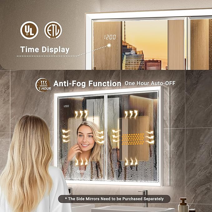 54x30 Beveled Lighted Medicine Cabinet with Mirror & Lights, Surface or Recessed Mirrored Medicine Cabinet with Outlet & Clock, Anti-Fog Dimmable LED Storage Cabinet, Built-in Sensor Light