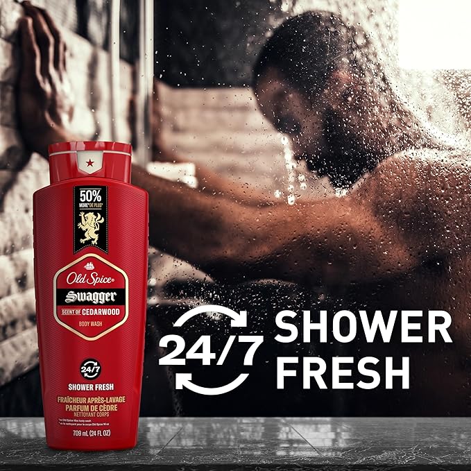Old Spice Refreshing Body Wash for Men, 3X Defense, 24/7 Shower Fresh with Long Lasting Scent, Red Collection, Swagger with Cedarwood Scent, 24 oz (Pack of 4)