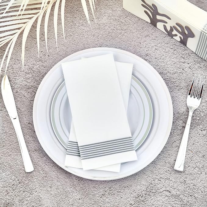 LITOPAK 100 Pack Guest Towels Disposable, Soft And Absorbent Bathroom Napkins, Paper Guest Towels for Bathrooms, Party, Wedding or Events. White and Silver