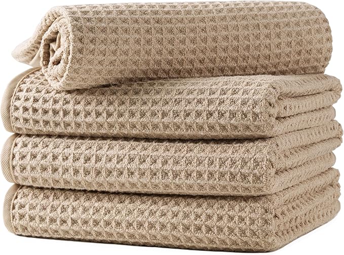 Microfiber Waffle Hand Towels, 4 Pieces, Soft, Absorbent, Fast Drying, Lint Free (Beige)