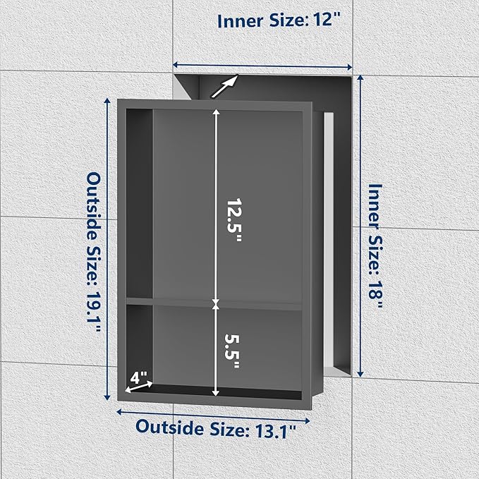 Stainless Steel Shower Niche 18" X 12", No Tile Needed Wall Niche Double Shelves, Recessed Niche Shower for Bathroom Storage, Gun Metal