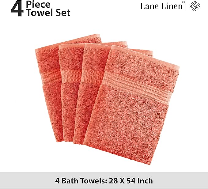 LANE LINEN 100% Ring Spun Cotton Bath Towels (28"x54") - 4 Pieces - Large Towels for Bathroom - Quick Drying, Soft & Absorbent Large Shower Towel Set - Used in Gym, Hotel, Spa, Home - Living Coral