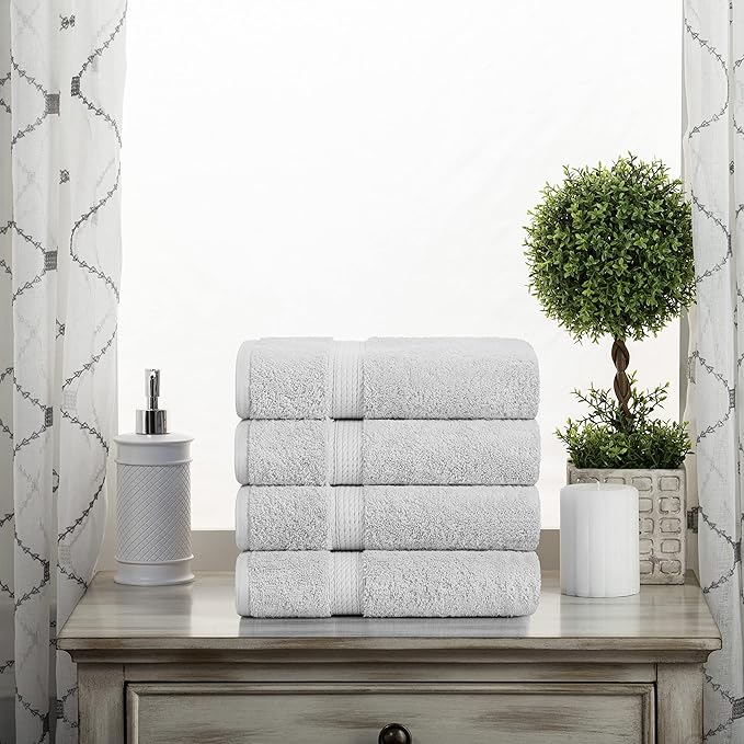 Superior Egyptian Cotton Pile Hand Towel Set of 4, Ultra Soft Luxury Towels, Thick Plush Essentials, Absorbent Heavyweight, Guest Bath, Hotel, Spa, Home Bathroom, Shower Basics, Silver