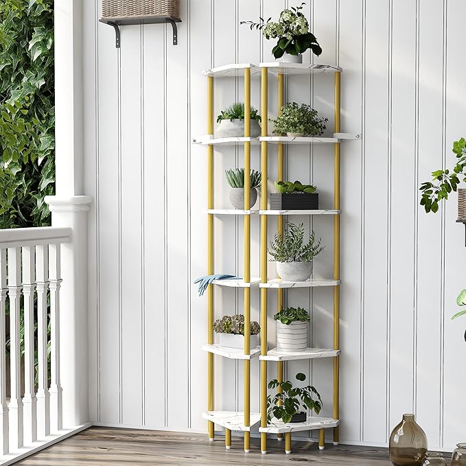 6 Tier Corner Shelf, 66.5'' Tall Standing Shelf, Narrow Display Shelf Stand, Modern Corner Bookshelf, Plant Stand, Corner Bookcase for Living Room, Bedroom, Bathroom, Gold and White LCS502GC