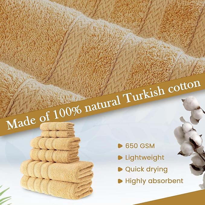 HALLEY Turkish Towels Set (6 Pieces) 650 GSM Highly Absorbent Super Soft 100% Cotton - 2 Bath Towels, 2 Hand Towels 2 Washcloths (Yellow)