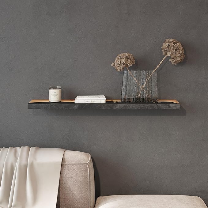 RWA Straight Edge Floating Shelf – Unique Wood Floating Shelf for Wall Decor, Living Room, Bedroom, or Bathroom – Sleek Decorative Wall Shelves for Home & Office (Straight/Black, Large - 24x7)