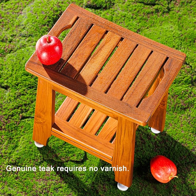14" Compact Teak Shower Stool with Shelf & Handle - Waterproof, Non-Slip Bath Bench for Small Bathrooms/Outdoor Use, 300 lbs Capacity (Patented)