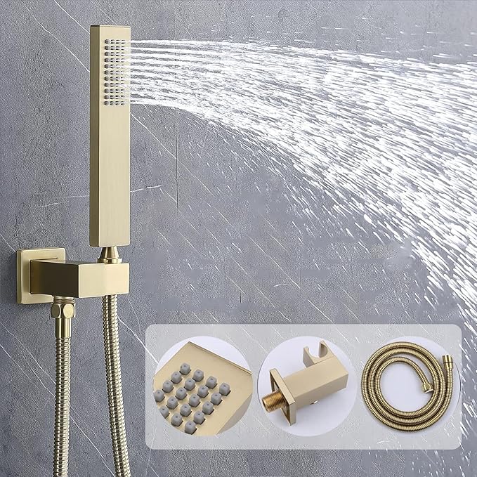 Shower Faucet Set Brushed Gold Shower System, Temperature Display Shower Faucet with 12 inch Ceiling Mount and 8 inch Wall Mount Shower Head, with 6 PCS Body Jet and Handheld Spray