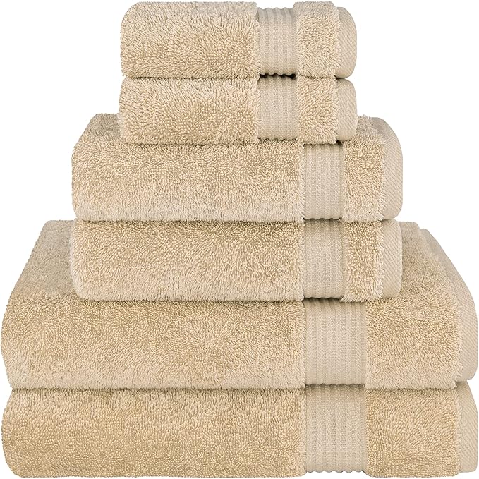 Cotton Paradise 6 Piece Towel Set, 100% Cotton Soft Absorbent Turkish Towels for Bathroom, 2 Bath Towels 2 Hand Towels 2 Washcloths, Beige Towel Set