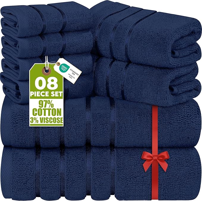 Utopia Towels 8 Piece Luxury Towel Set, 2 Bath, 2 Hand, and 4 Wash Cloths, 600 GSM Ring Spun Cotton, Highly Absorbent Viscose Stripe Towels, Ideal for Everyday use, Navy
