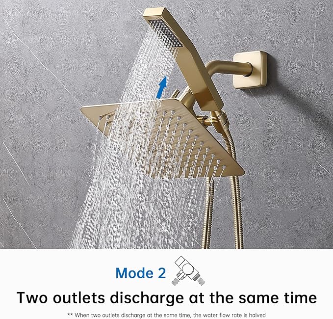 G-Promise Solid Metal Shower Arm Diverter with Holder for Hand Held Showerhead and Fixed Spray Head, G 1/2 3-Way Bathroom Universal Diverter System Replacement Part (Brushed Gold)