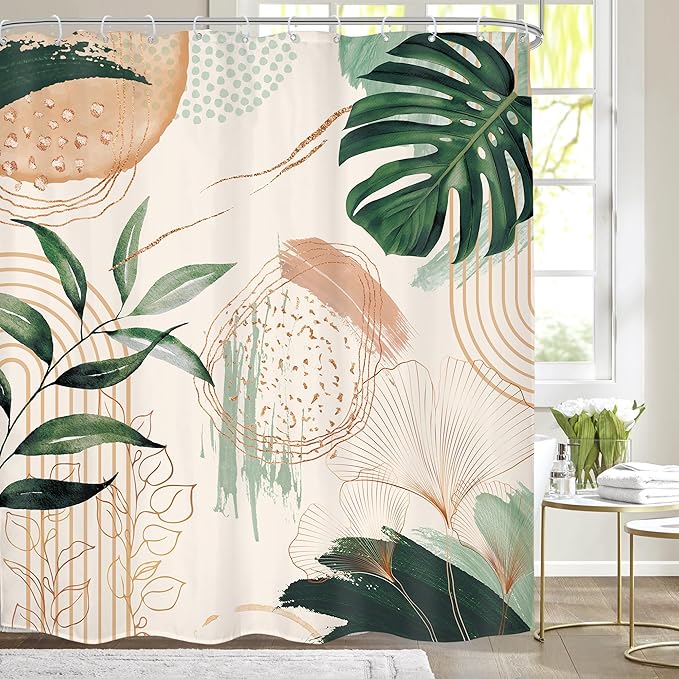 Boho Shower Curtain 72Wx78H Modern Abstract Tropical Green Leaves Plant Palm Bohemian Mid Century Botanical Geometric Arch Bathroom Decor Minimalist Bath Curtain Fabric Polyester 12 Pack Hooks