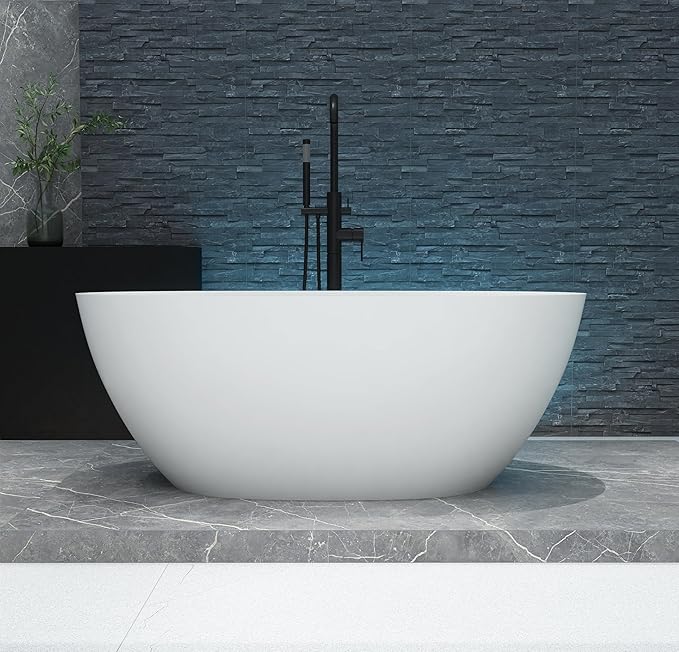 51" Stone Resin Freestanding Bathtub, Modern Oval Solid Surface Soaking Tub, Solid Surface Stand Alone Bathtub with Drain & Integrated Slotted Overflow Matte White AM303-1300