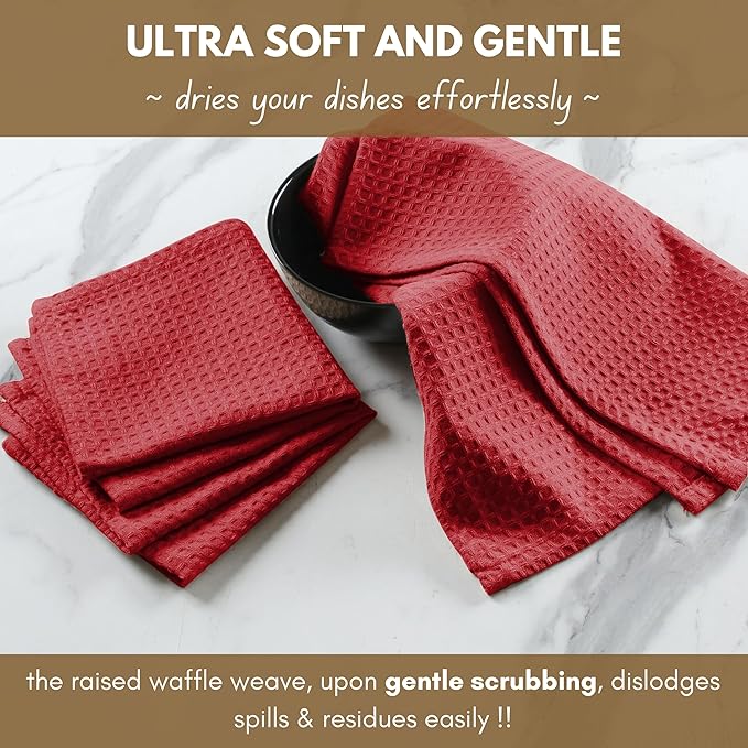 Native Fab Waffle Weave Dish Towels 12 Pack, 100% Cotton Kitchen Dishcloths with Hanging Loop, 16x26 Inches, Super Absorbent, Quick Dry for Kitchen Cleaning, Drying Dishes, Red