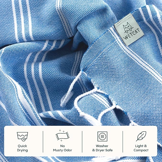 WETCAT Turkish Hand Towels with Hanging Loop, Set of 2 (20" x 30") 100% Turkish Cotton, Pre-Washed, Quick Drying, for Kitchen or Bathroom - Blue
