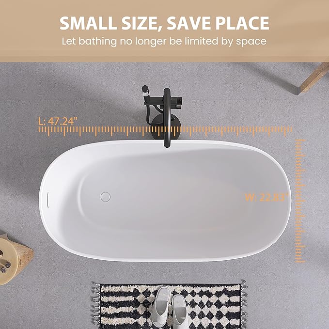 SJ STAR&JANE 47" Solid Surface Freestanding Bathtub Modern Stone Resin Oval Soaking Tub with Side Drain in Matte White