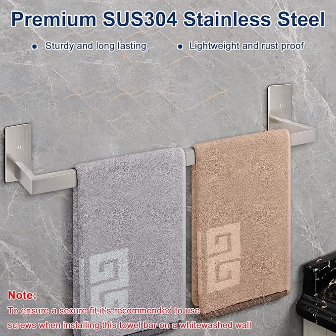 NearMoon Self Adhesive Bathroom Towel Bar, Stainless Steel Square Bath Wall Shelf Rack Hanging Towel Stick On Sticky Hanger Contemporary Style, Towel Rack Wall Mounted (24 Inch, Brushed Nickel)