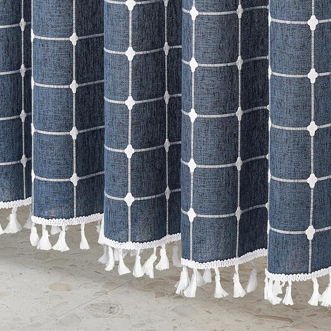 MitoVilla Navy Blue Boho Shower Curtains for Modern Farmhouse Bathroom Decor, Country Thick Polyester Linen Fabric Shower Curtain with Tassel, 72 x 72