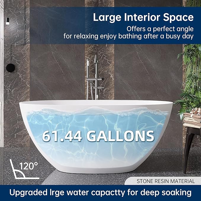 51" Stone Resin Freestanding Bathtub, Modern Oval Solid Surface Soaking Tub, Solid Surface Stand Alone Bathtub with Drain & Integrated Slotted Overflow Matte White AM303-1300