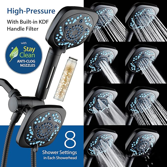 6-way High Pressure 82 Spray Mode Filtered Showerhead Combo - Handheld Shower Head Filters Chlorine to Heal Dry Skin, Revive Hair - Dual Power Wash Cleans Tub, Tile, Pets - Hard Water Softener, Black