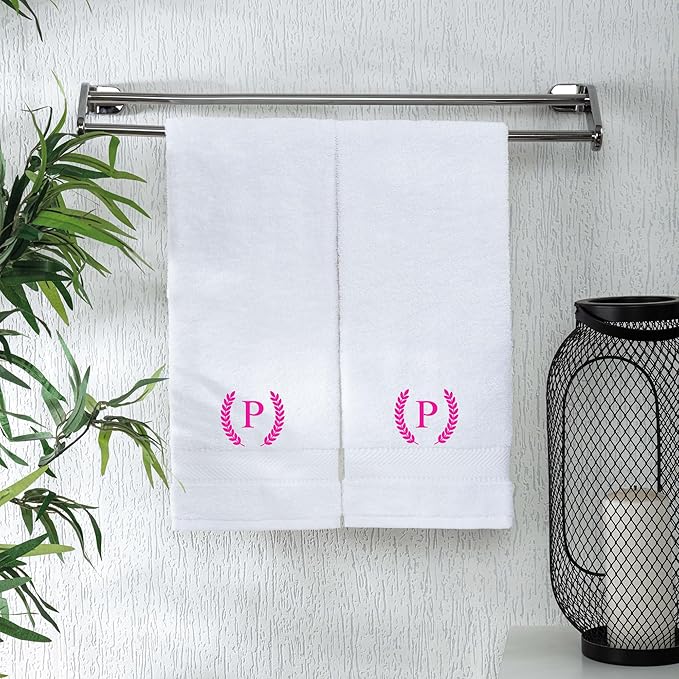 Monogrammed Hand Towels for Bathroom Makeup, Personalized Turkish Cotton Towel with Embroidery, Gift for Weddings, Housewarming, Anniversaries, and Bridal Showers, Set of 2 (Hot Pink, Initial P)