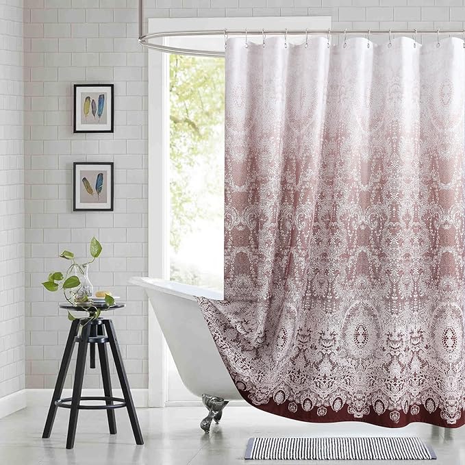 78 Inch Long Shower Curtain - Chantilly Lace Design, Heavyweight Polyester, Burgundy to White Ombre, 72" W x 78" H