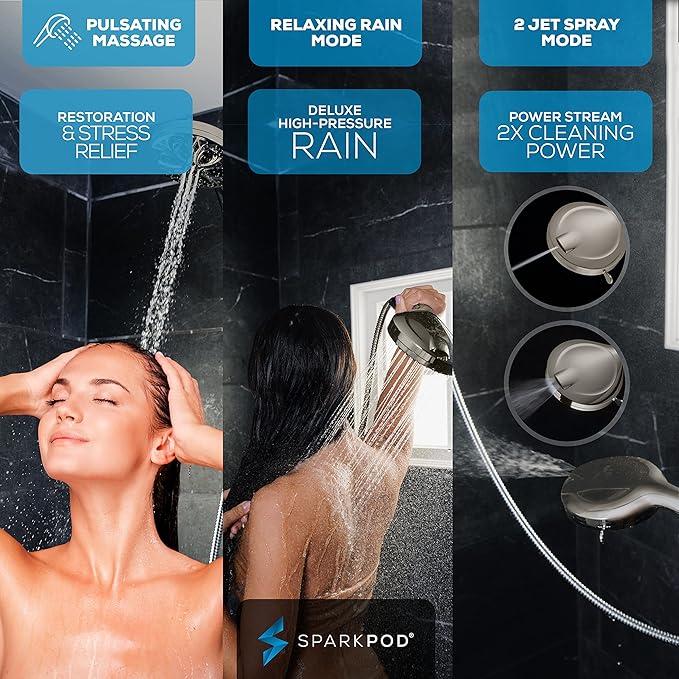 SparkPod 10-Mode Handheld Shower Head with Filter - 5" High Pressure Filtered Shower Head with Touch-to-Clean Nozzles, Built-In Power Jet, Stainless Steel 6ft Hose & Bracket (Brushed Nickel)