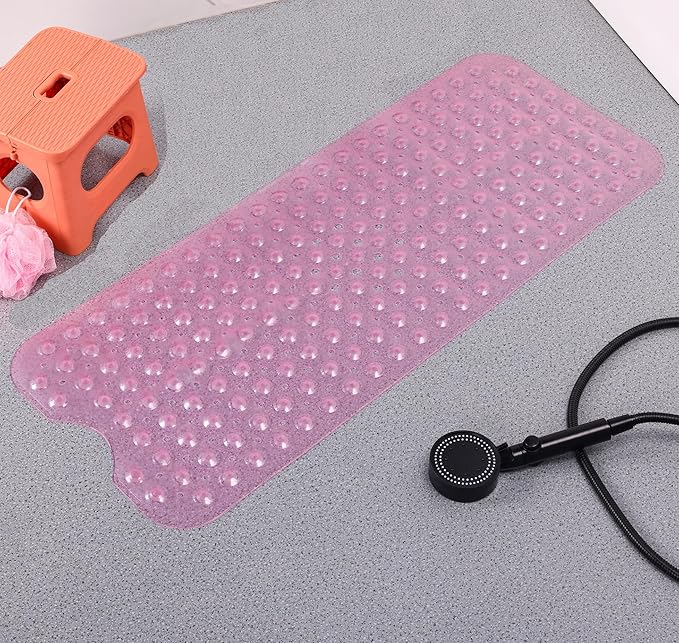 Anti-Slip Bathtub Shower mat, 39.3×15.7 inch（Approximately 100 × 40cm） Soft Oversized Machine Washable Non-Slip Bathtub mat with Drainage Holes, Bathroom Floor Suction Cup.（1-Clear Pink）