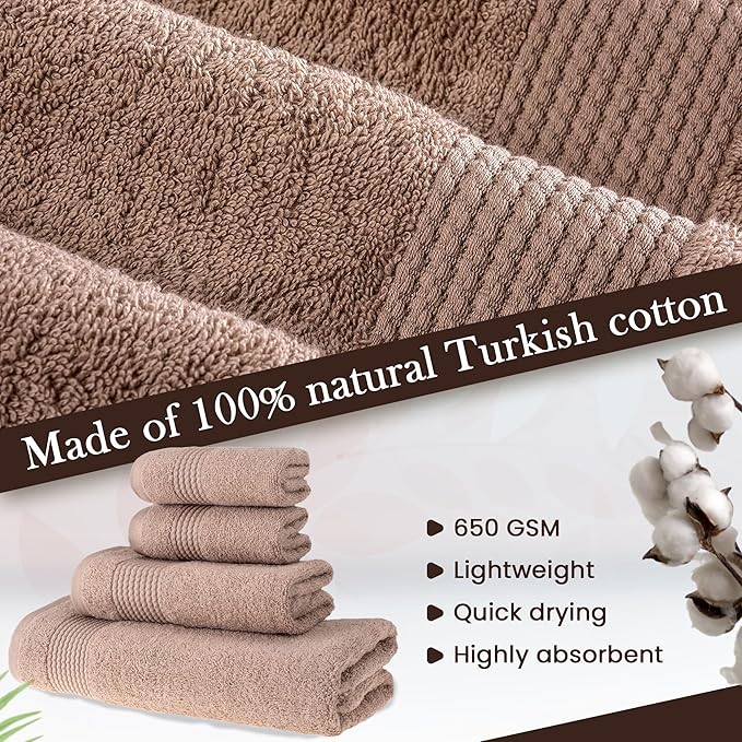 HALLEY Turkish Cotton Towels (Set of 4) 1 Bath Towel 1 Hand Towel 2 Washcloths, Super Soft Highly Absorbent 100% Cotton Towels for Bathroom and Kitchen for Mother’s Day (Taupe)