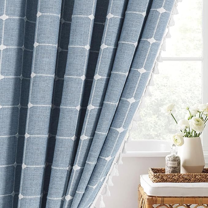 MitoVilla Blue Boho Shower Curtains for Modern Farmhouse Bathroom Decor, Vintage Country Thick Polyester Linen Fabric Shower Curtain, Rustic Tassel Cloth Shower Curtain, 72 x 72
