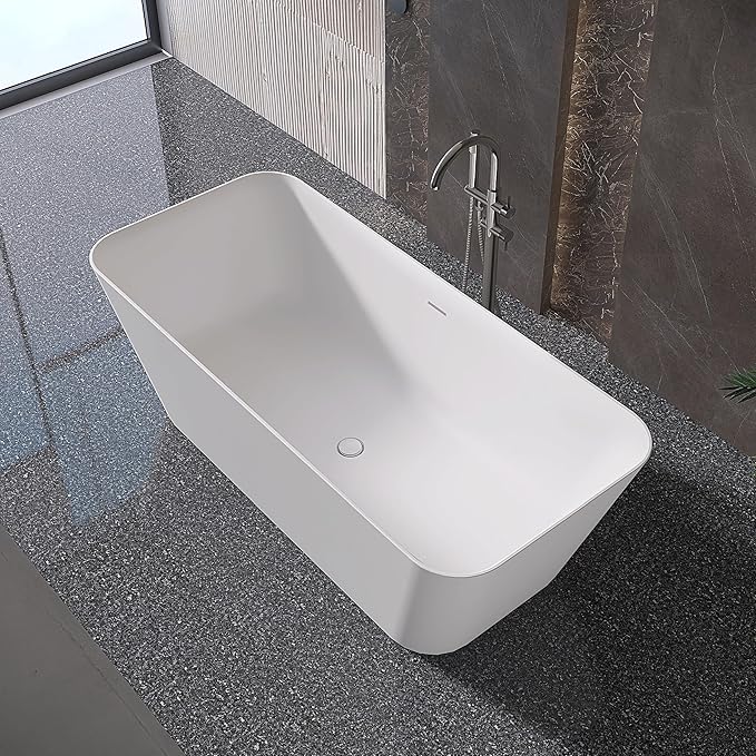 Stone Resin Freestanding Bathtub 67 ", Elegant Oval Shape Soaking Tub, Solid Surface Stand Alone Bathtub with Drain & Integrated Slotted Overflow Matte White AMFS340-1700