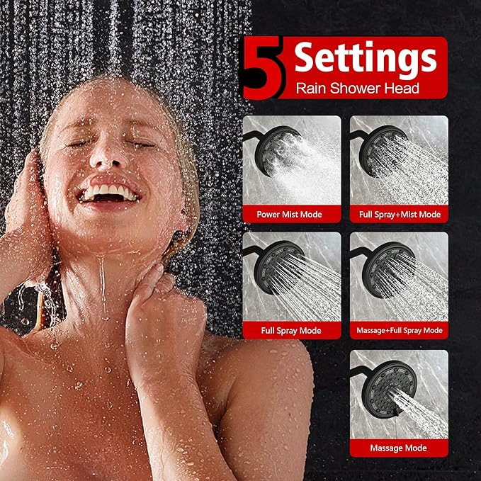 SUMERAIN Matte Black Shower System with 6-Spray Handheld Filtered Shower Head, Wall Mounted Rain Shower Faucet Set with Rough in Valve