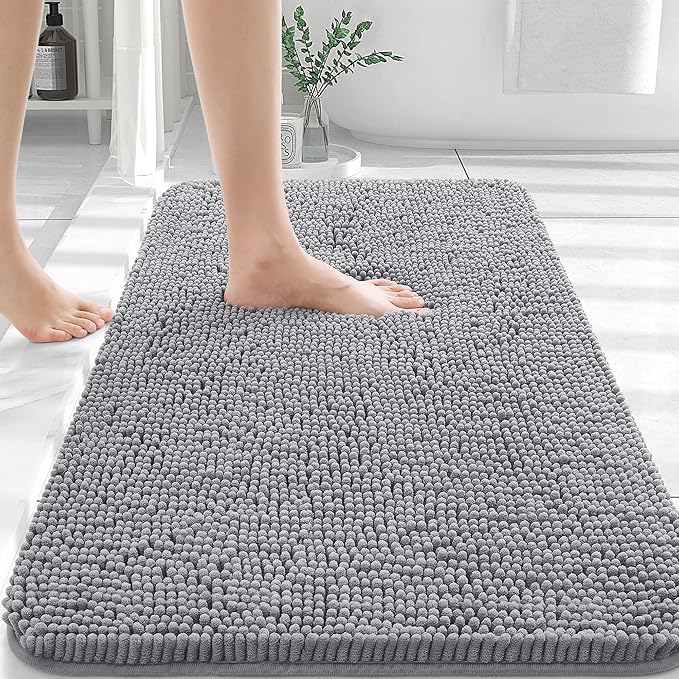 OLANLY Bathroom Rugs 32x20, Extra Soft Absorbent Chenille Bath Rugs, Rubber Backing Quick Dry, Machine Washable Bath Mats for Bathroom Floor, Tub and Shower, Home Decor Accessories, Grey