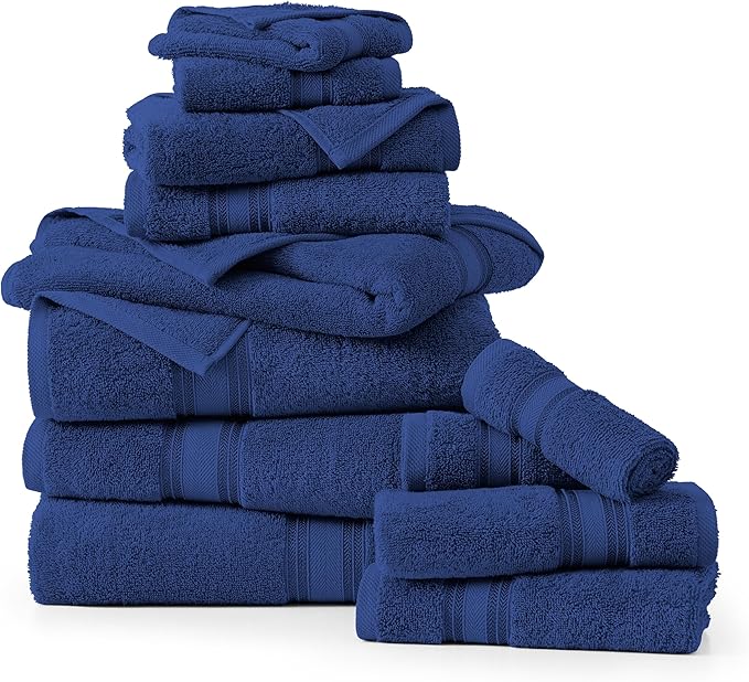 LANE LINEN 100% Mercerized Cotton Towels Set 12 – Zero Twist, 4 Bath Towels, 4 Hand Towel & 4 Washcloths, Stays Plush After Washes, Ideal for Spa, Hotel & Family Bathrooms, Highly Absorbent – Navy