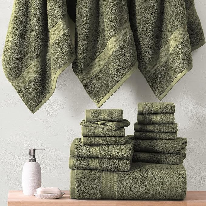 LANE LINEN Cotton Towels for Bathroom - 24 PCs - Highly Absorbent, Durable & Soft - 4 Bath, 4 Fingertip, 6 Hand Towels, 8 Washcloths, 2 Bath Sheets - Family Bundle Pack - Oil Green