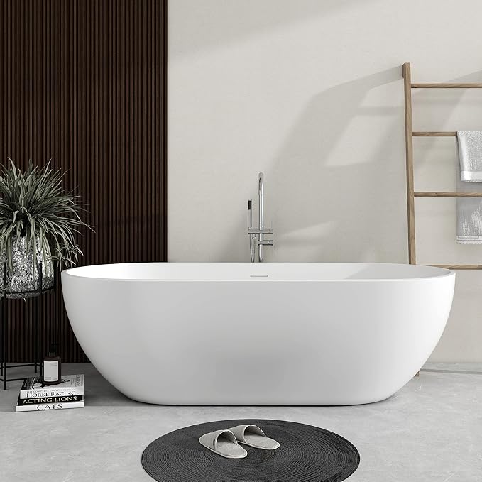 SJ STAR&JANE 69" Solid Surface Freestanding Bathtub, Matte White Oval Stone Resin Soaking Tub Stand Alone Tub with Overflow and Pop-up Drain for Modern Bathrooms