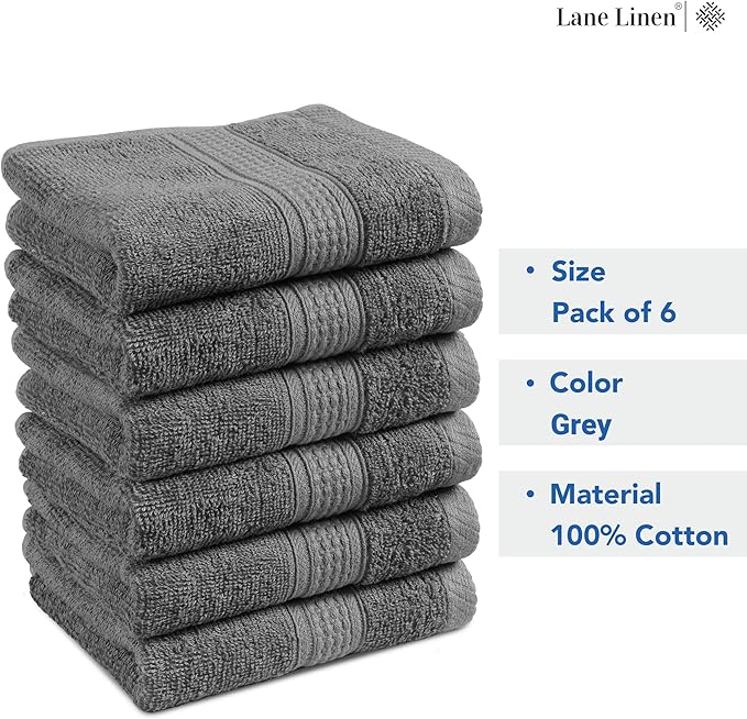 LANE LINEN 100% Ringspun Cotton Hand Towels for Bathroom Set of 6 (16"x28") - Holiday Hand Towel Set - Super Durable, Quick Dry, Soft & Highly Absorbent Hand Towels - Fade Resistant - Space Grey