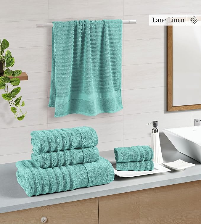 LANE LINEN Bathroom Towels Set - 2 Bath, 2 Hand Towels for Bathroom and 2 Wash Cloths for Body - Highly Absorbent, Soft, Premium 100% Cotton Bath Towel Set for Everyday Use (Set of 6) - Aqua Sky
