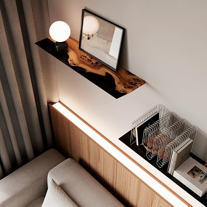 RWA Live Edge Floating Shelf – Unique Wood Floating Shelf for Wall Decor, Living Room, Bedroom, or Bathroom – Stylish Decorative Wall Shelves for Home & Office (Live Edge, Black - 24x7)