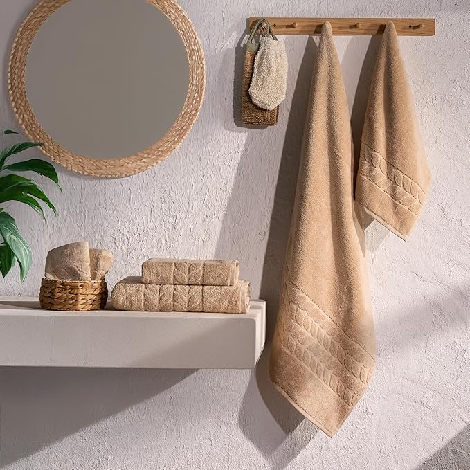 BAGNO MILANO Organic Turkish Cotton Bath Towels, Luxury Jacquard Collection, Certified Organic Highly Absorbent, Soft-Plush Towel Set (Latte, 6 Pcs Towel Set)