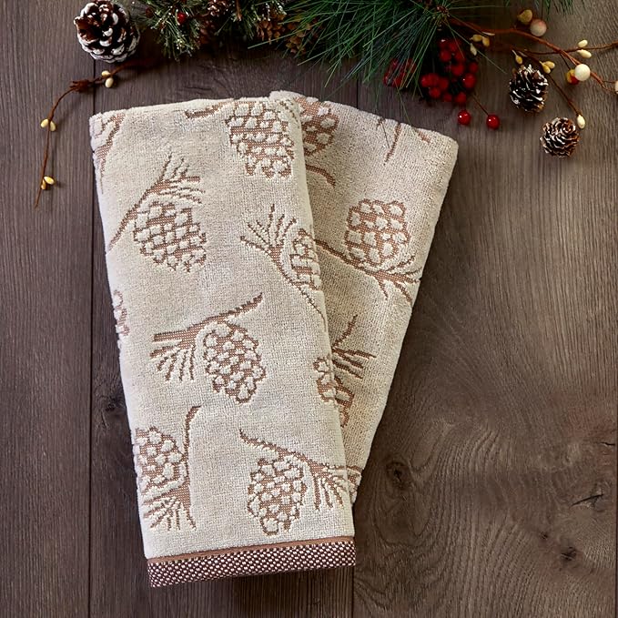 SKL Home Fall/Winter/Christmas Pinecone Jacquard Hand Towel 2pc Set for Bath/Kitchen/Bar & Gift, Wheat