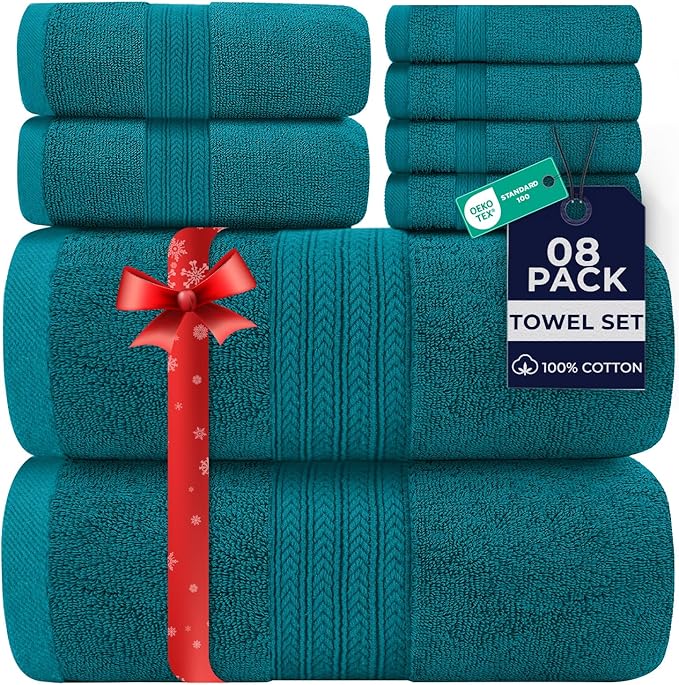 DAN RIVER 8 PC Luxury Bath Towels for Bathroom, 2 Bath, 2 Hand, and 4 Wash Cloths, 600 GSM 100% Ring Spun Cotton Towel Set, Highly Absorbent, Gym, Hotel, and Spa, Teal
