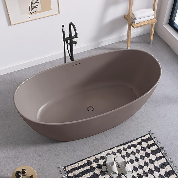 SJ STAR&JANE 65" Solid Surface Freestanding Bathtub Stone Resin Soaking Tub Gray Coffee Double Slippers Stand Alone Oval Tub with Pop-up Drain and Overflow for Bathroom