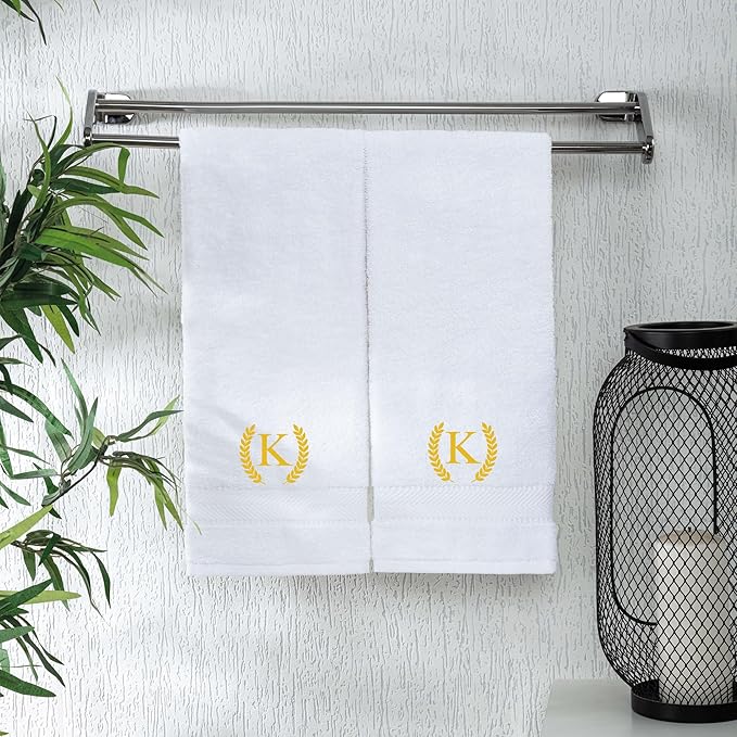 Monogrammed Hand Towels for Bathroom Makeup, Personalized Turkish Cotton Towel with Embroidery, Gift for Weddings, Housewarming, Anniversaries, and Bridal Showers, Set of 2 (Gold, Initial K)