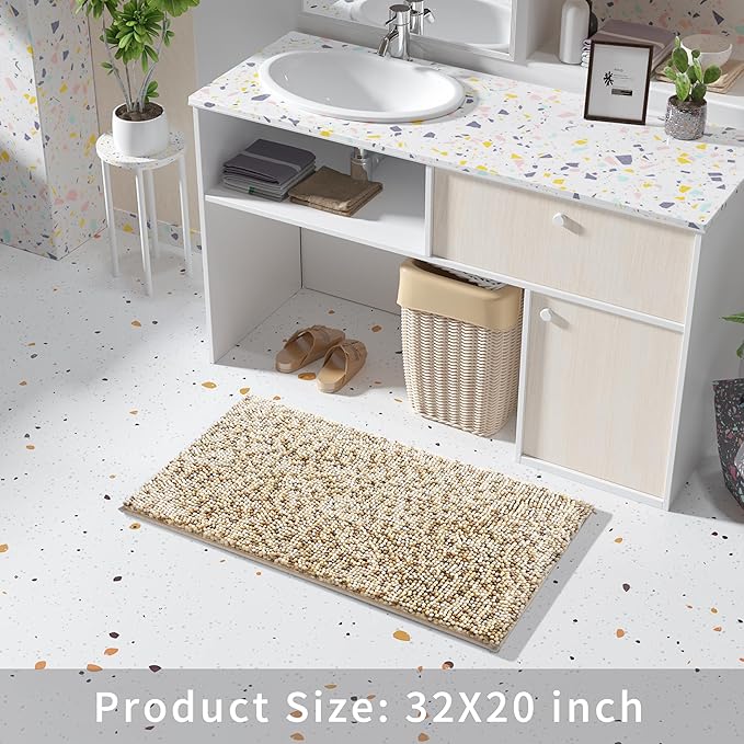 Yimobra Bath Mats for Bathroom Non Slip, 31.5x20, Extra Soft Chenille Bathroom Rugs, Fluffy Plush Luxury Shower Mat Outside, Water Absorbent, Machine Washable, Sink and Tub, Beige & Light Coffee
