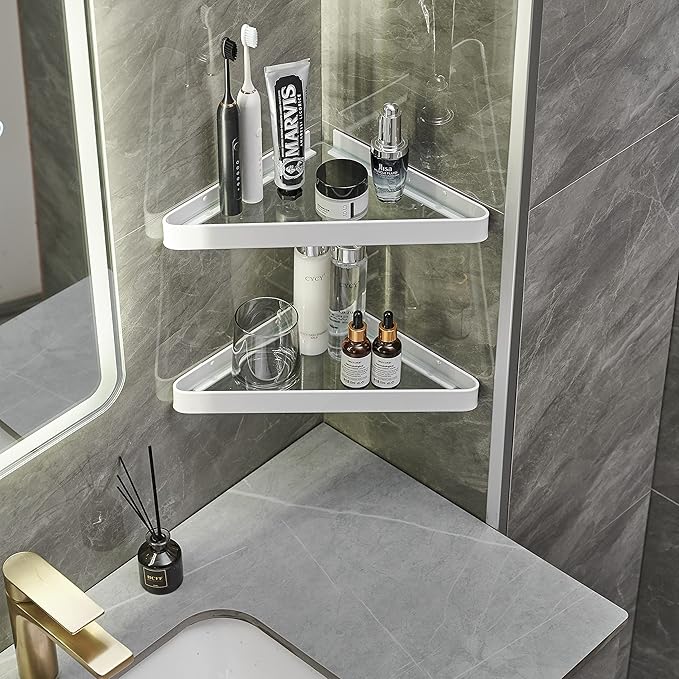 VOLPONE Bathroom Shelves Wall Mounted Glass Corner Shelf for Bathroom Floating Shelf Tempered Glass Wall Organizer 2-Tier(White)