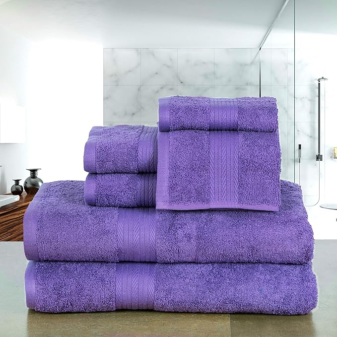 Ample Decor 100% Cotton Luxury 6 Piece Towels Set, 2 Bath Towels, 2 Hand Towels, 2 Wash Cloths for Bathroom - Purple Towel Sets