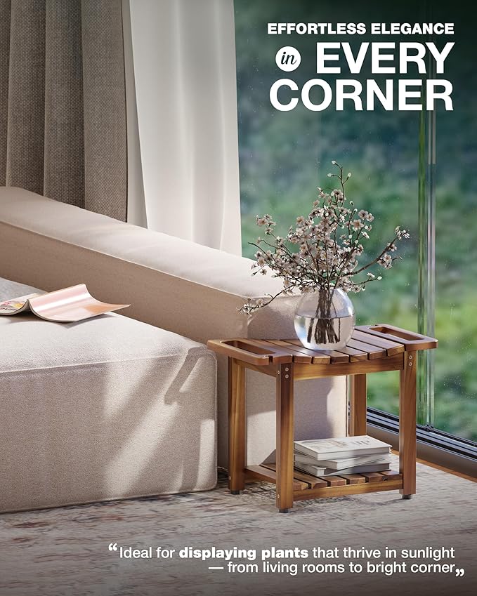 BLUEWEST Shower Bench Seat with Storage Shelf, Natural Wood Shower Benches for Inside Shower to Sit on, Waterproof Bathroom Spa Bench Stool for Legs Shaving with Built-in Handle & Shower Head Holder