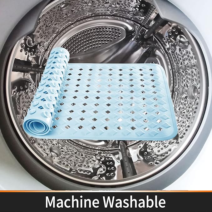 Yimobra Non Slip Bath Mat, Super Strong Suction Cups,34.5"x15.5"Long Tub Mat with Drain Holes, Machine Washable Fast Draining Shower Mats, Bathroom Essentials,Light Blue