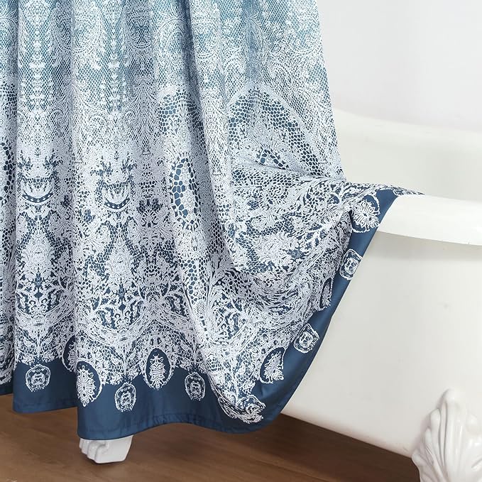 78 Inch Long Shower Curtain - Chantilly Lace Design, Heavyweight Polyester, Storm Blue to White Ombre, 72" W x 78" H